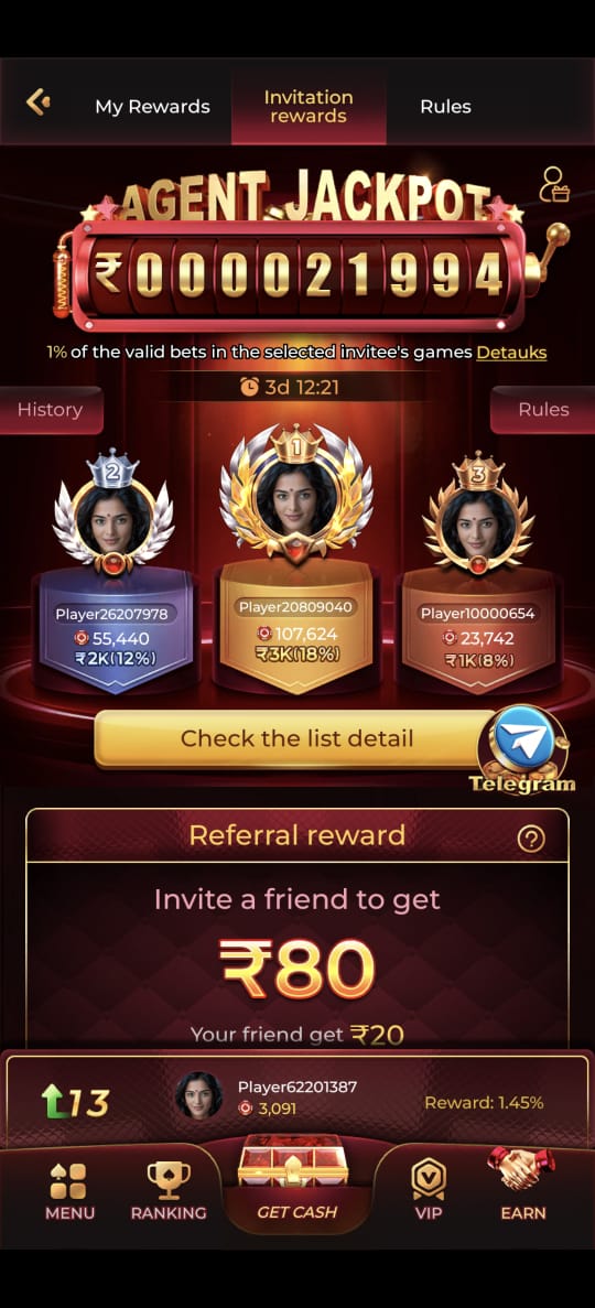 SH7 GAMES app interface showing Agent Jackpot rewards and winning dashboard